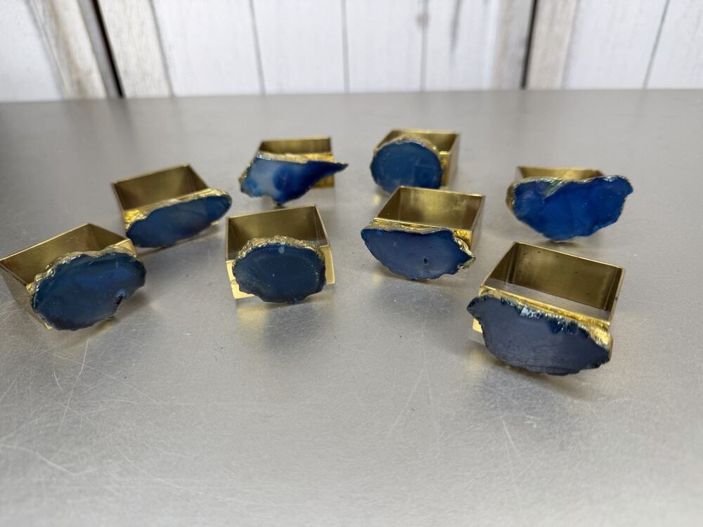 Set 8 Napkin Rings Sliced Polished Blue Agate Geode Gold Tone Square Setting
